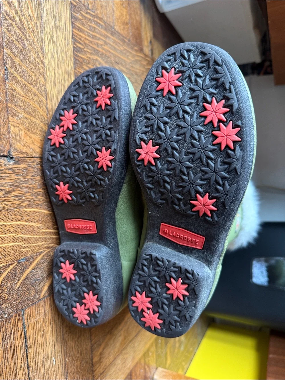 Green Tall Winter Boots with Faux Fur Trim and Red Laces